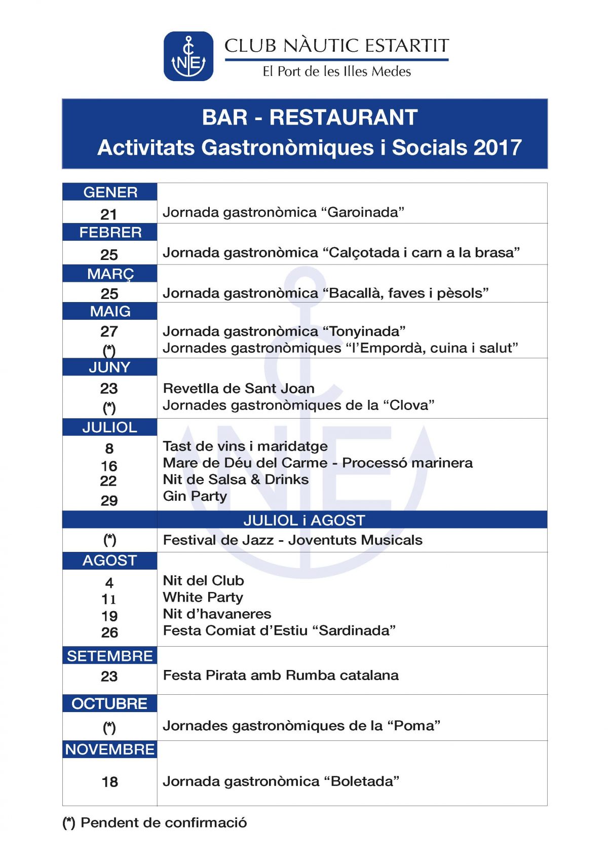 Calendari d’Activitats Gastronòmiques i Socials 2017